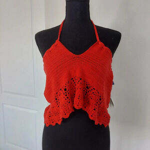 Crochet Halter Bikini Top - Red